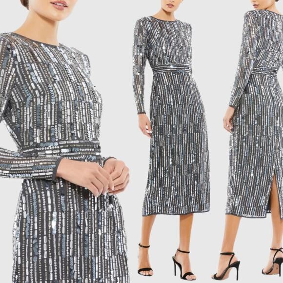 Mac Duggal 93590 Embellished High Neck Long Sleeve midi Dress Charcoa size 4 C5